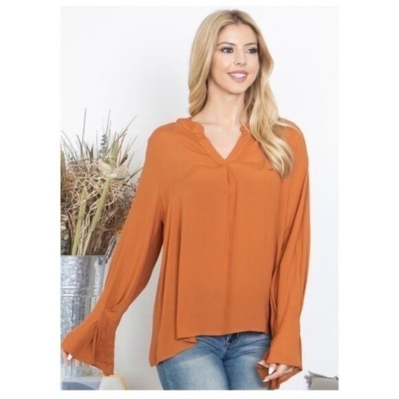 Flowy Rust Orange V-Neck Bell Sleeve Blouse Top Lightweight -NEW - Picture 1 of 12